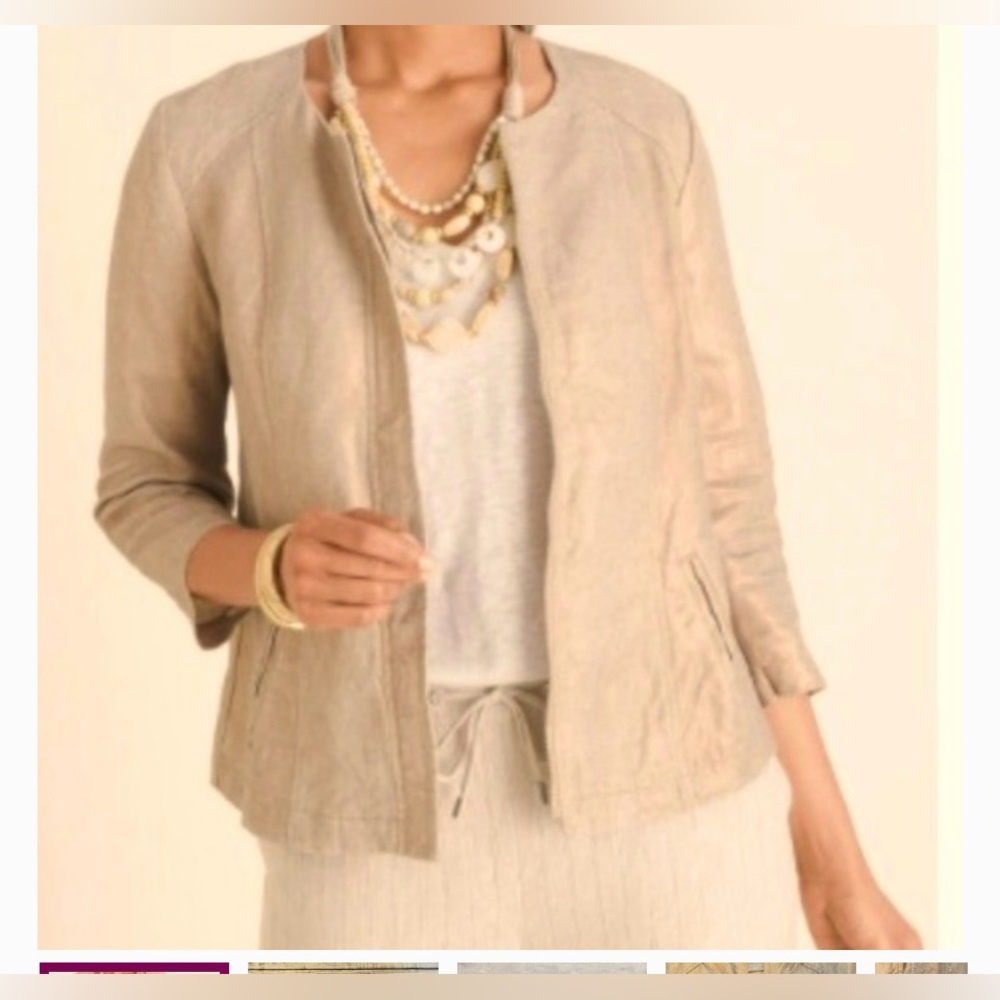 Chico's FOILED LINEN JACKET
Beige Gold Shimmer
100% Linen 3/4
Sleeve Full Zip
